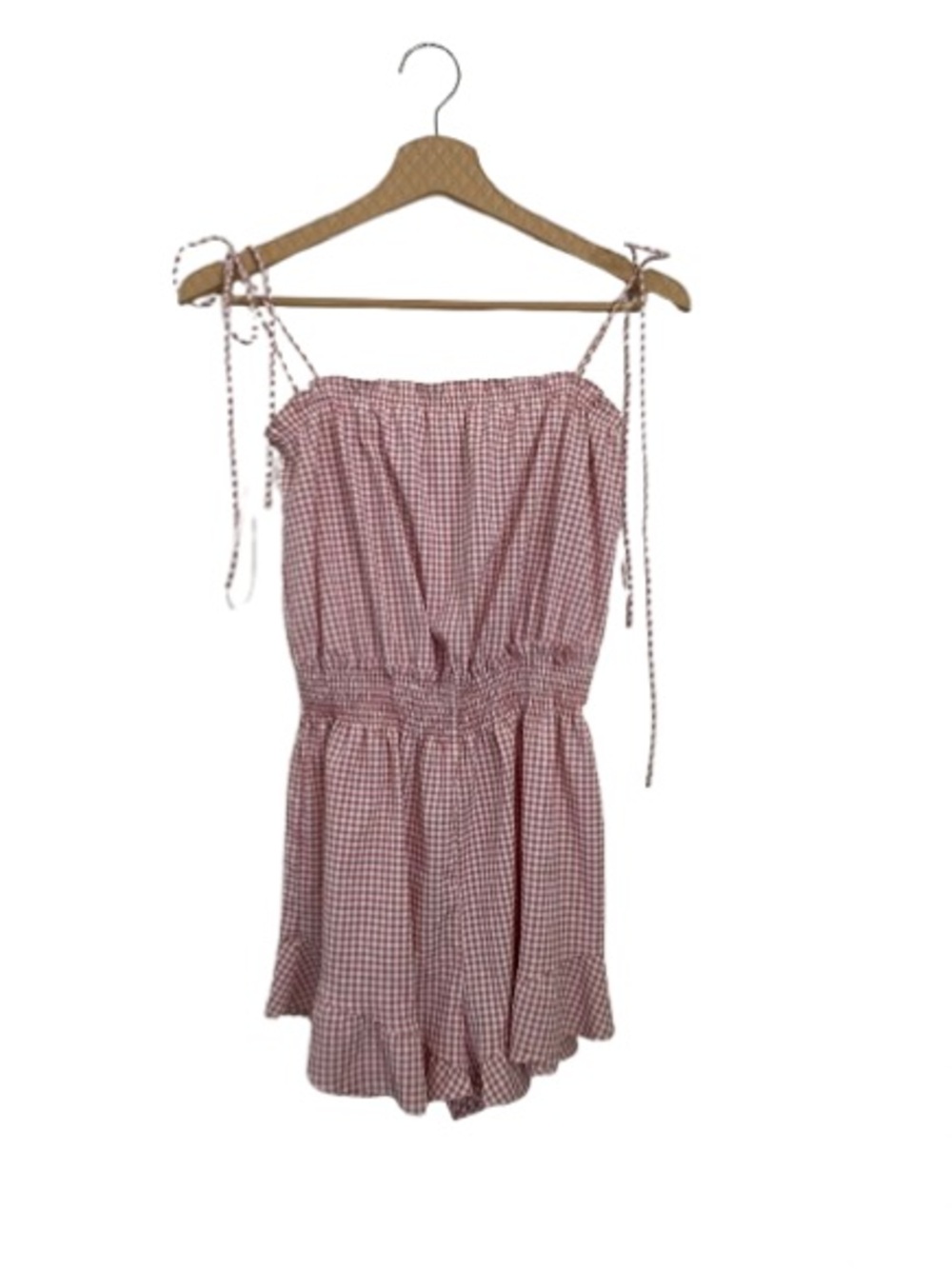 XYFVE  Pink and White Gingham Tie-Strap Romper Size M - Picnic Style